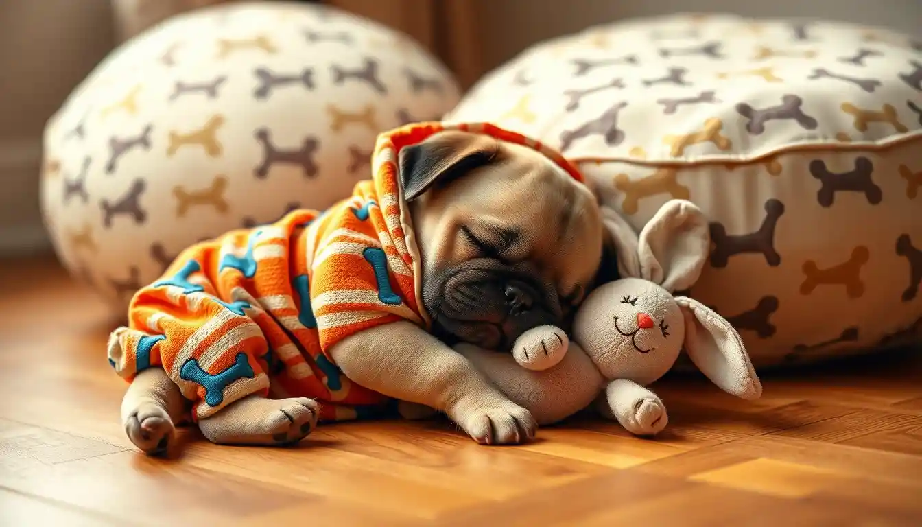 Sleeping pug puppy in striped romper cuddling rabbit toy