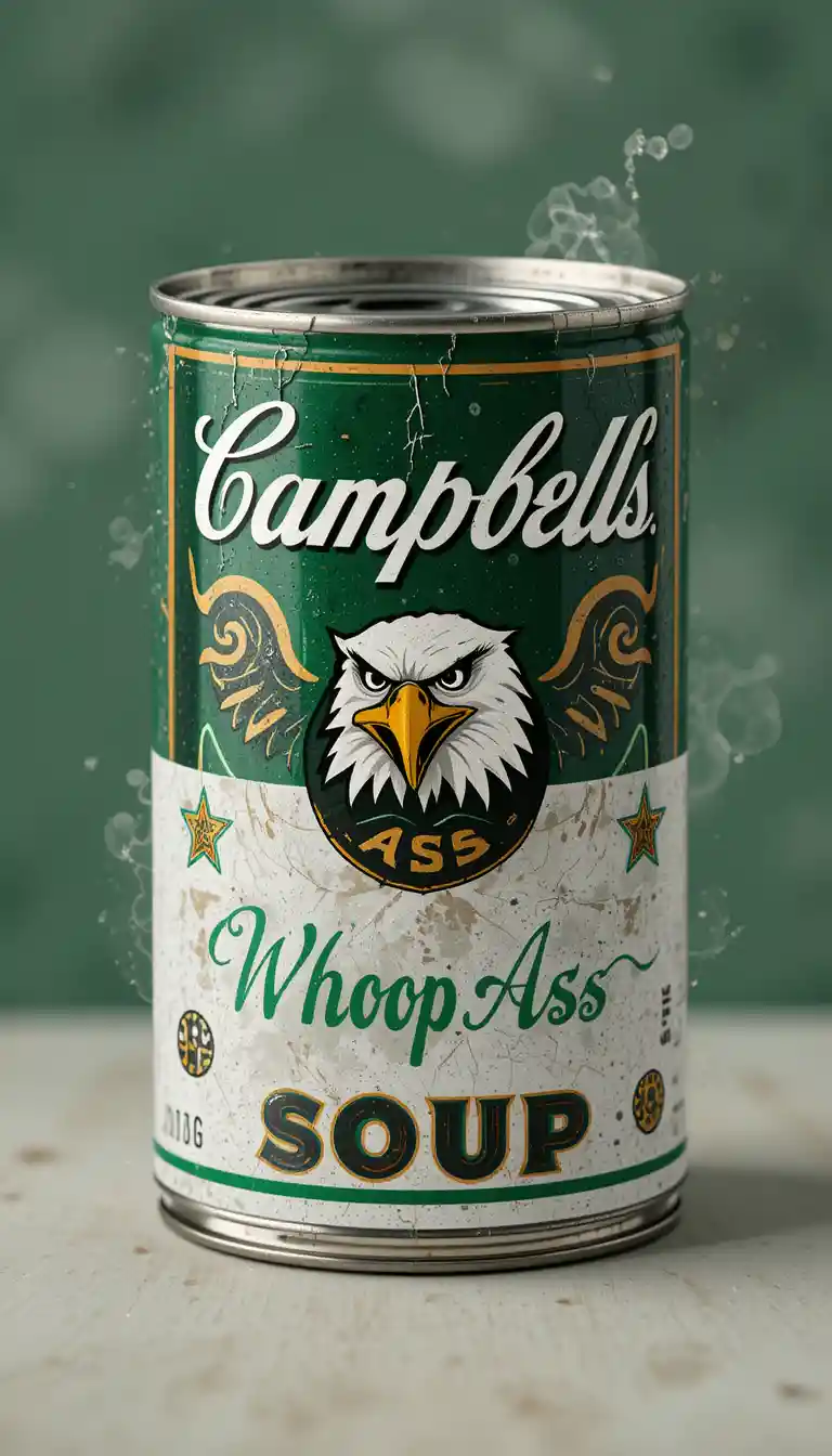 Vintage soup can design with fierce eagle mascot