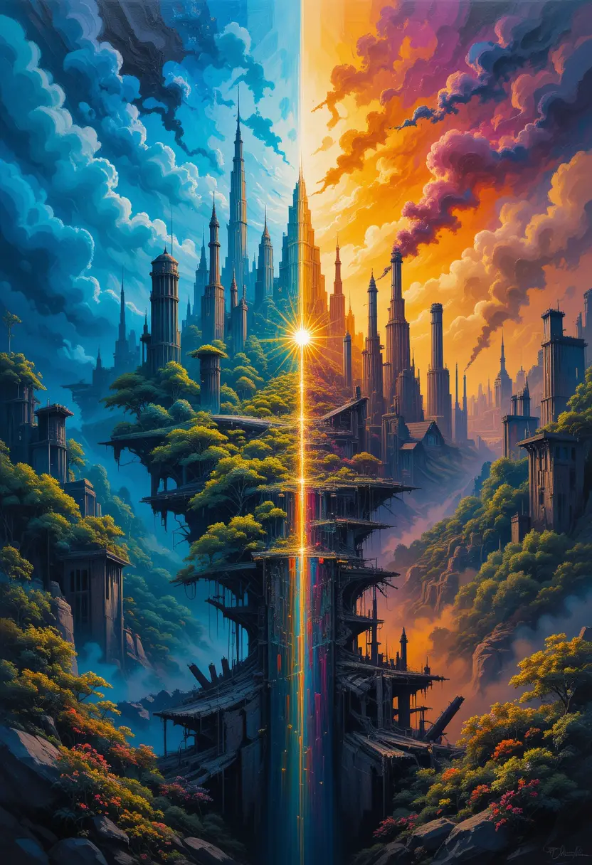 Surreal painting of mirrored fantasy landscape and dark city