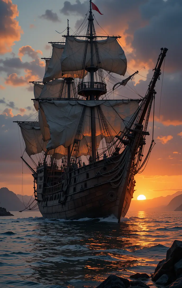 Pirate ship at sunset anchored in a tranquil bay