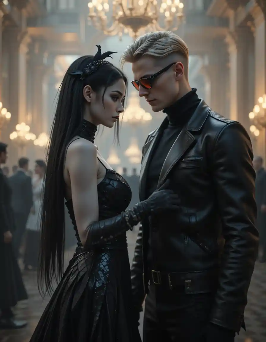 Elegant couple reaching hands in a dark grand ballroom