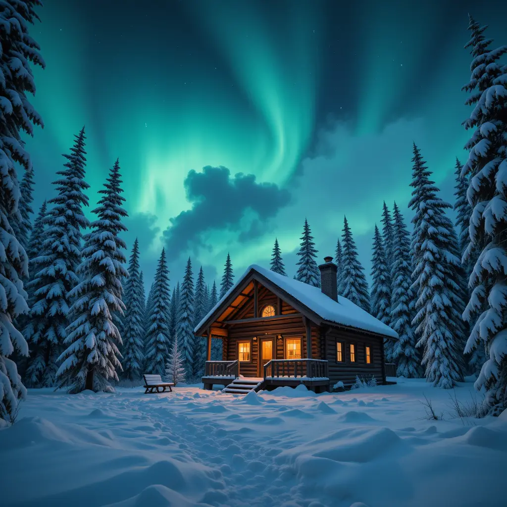 Cozy cabin in snowy forest under glowing northern lights