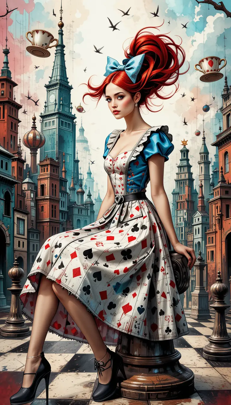 Modern alice on chess piece in surreal cityscape