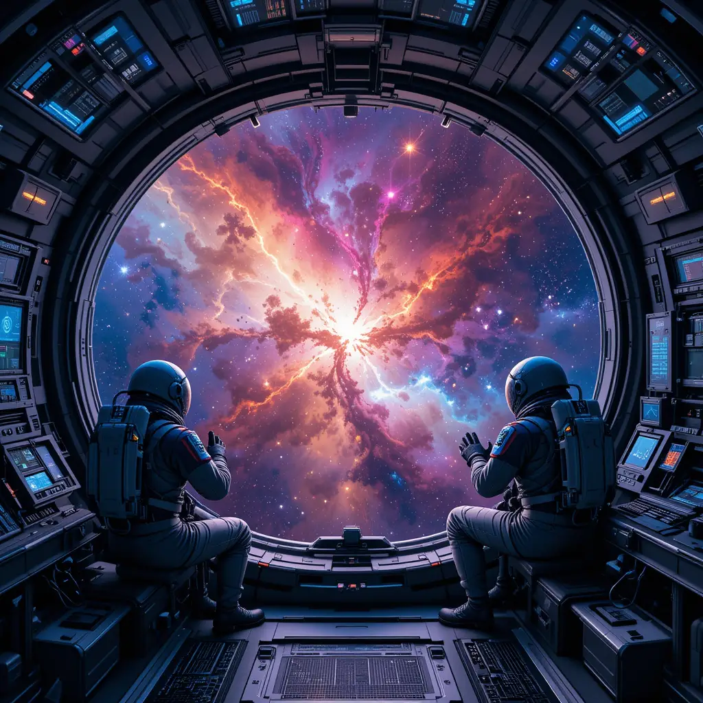 Futuristic space station with astronauts above colorful nebula