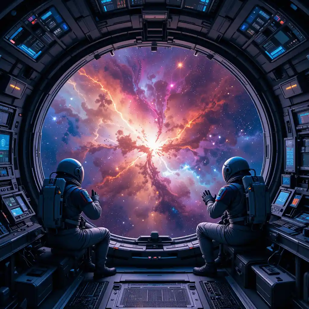 Futuristic space station with astronauts above colorful nebula