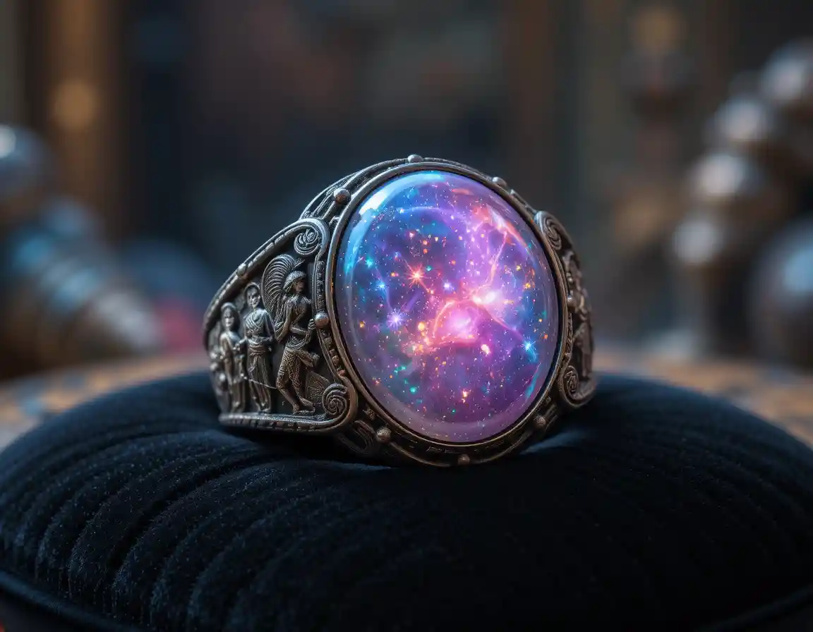Ornate engraved ring with cosmic gemstone on velvet cushion
