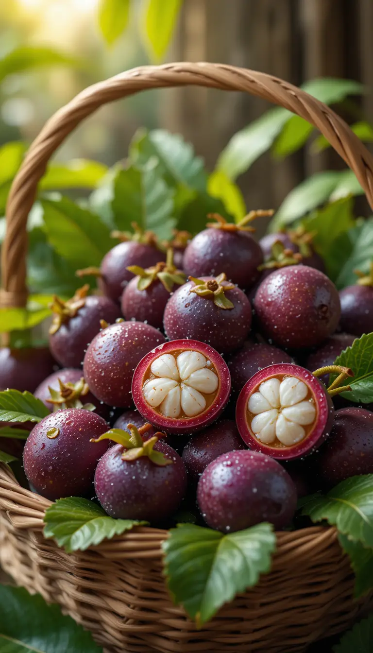 Basket Of Ripe Mangosteen With Rustic Wooden Background