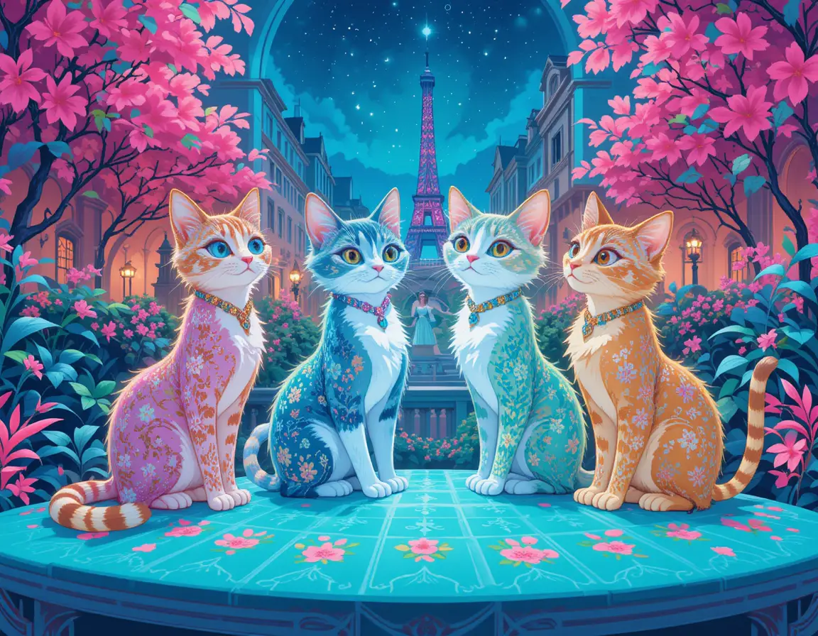 カラフルな貴族風ネコのネオン・パリ風イラスト