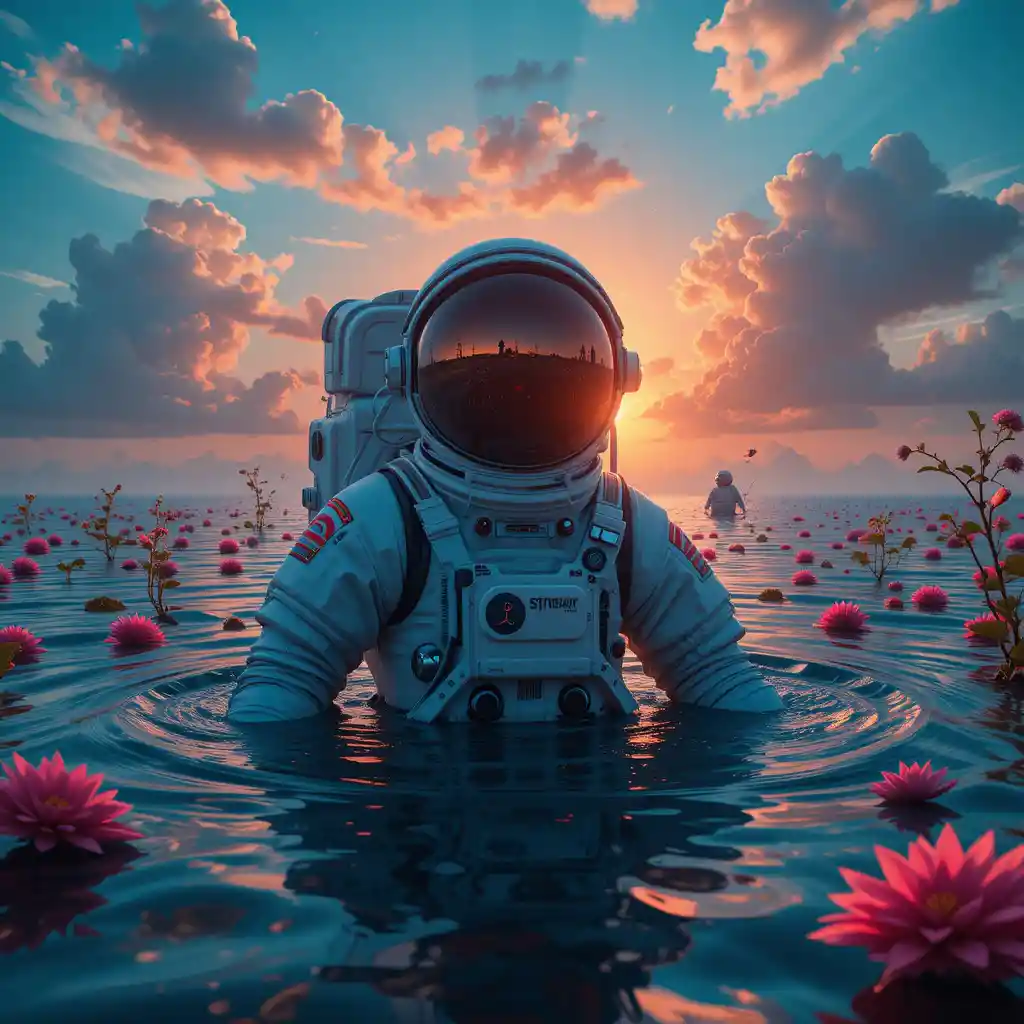夕陽下從水面升起的太空人與漂浮花朵