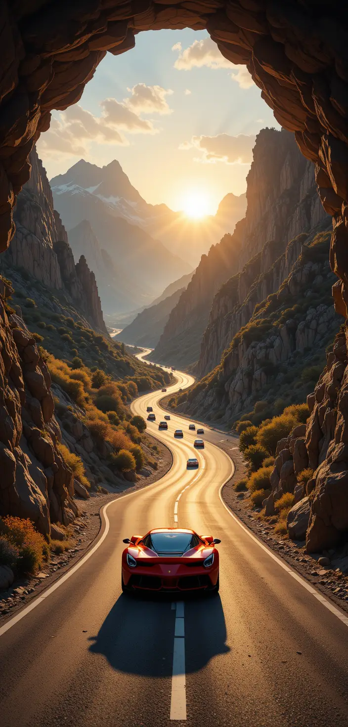 Sunrise mountain road with sports car framed by rocky arches