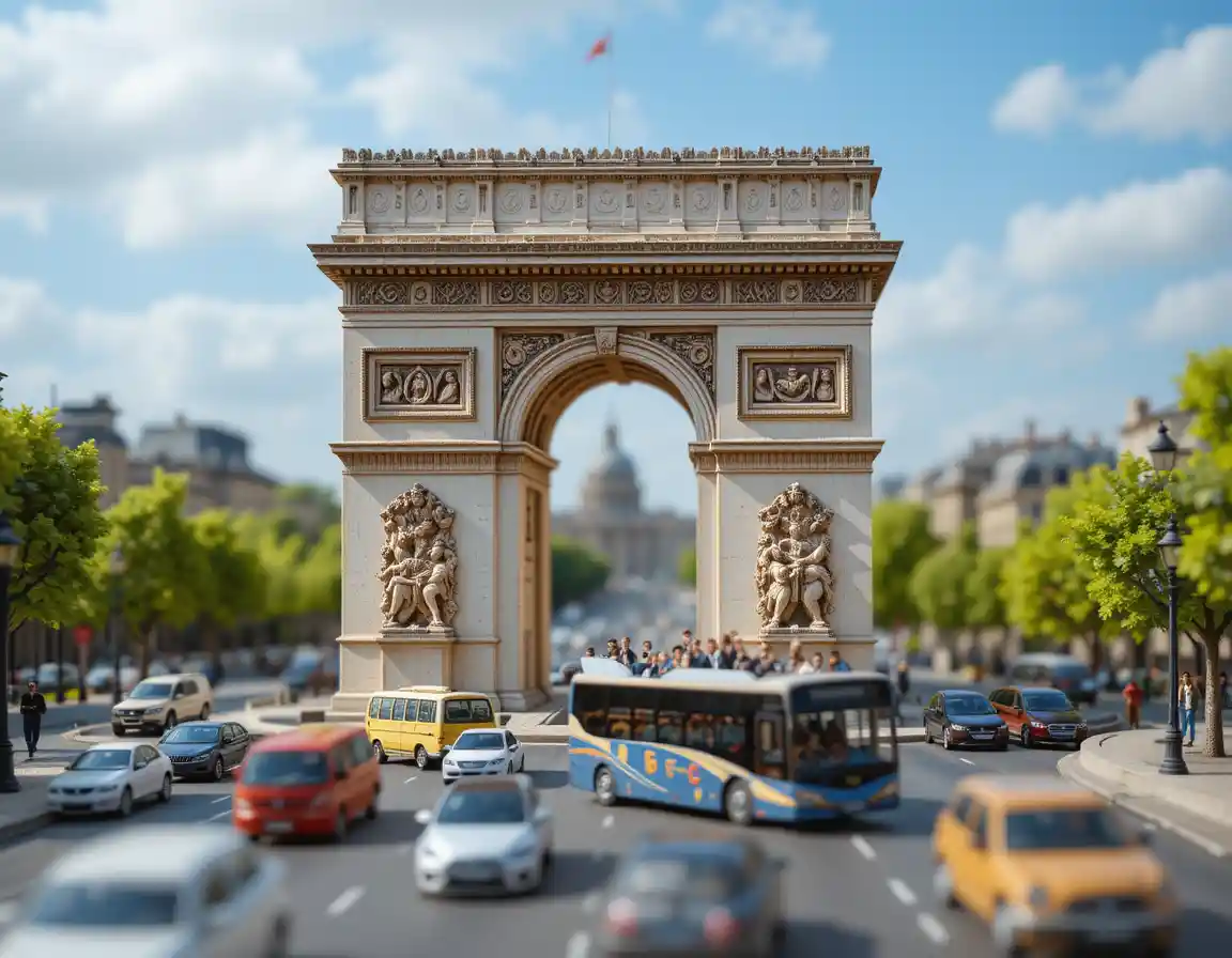 Miniature city street with Arc de Triomphe and tour bus