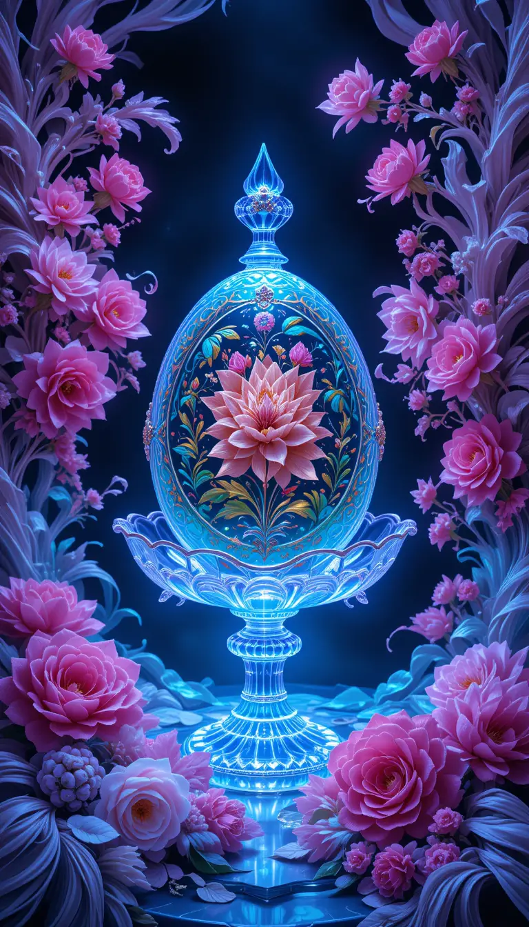 Blacklight crystal dish in ornate luminous bas relief painting
