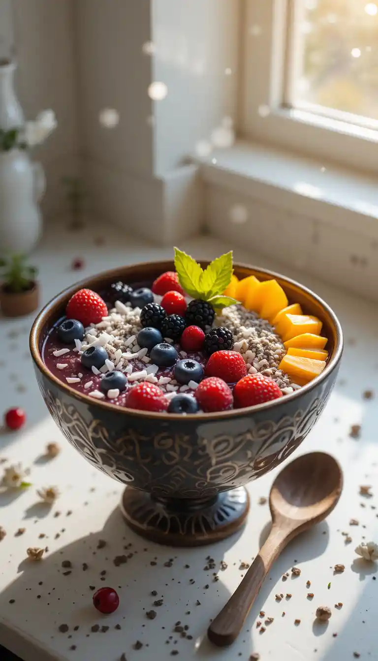 Colorful smoothie bowl with berries on kitchen counter