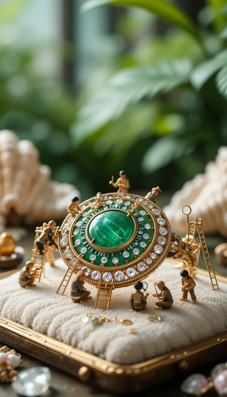 Gold bracelet with tiny artisans crafting gemstones