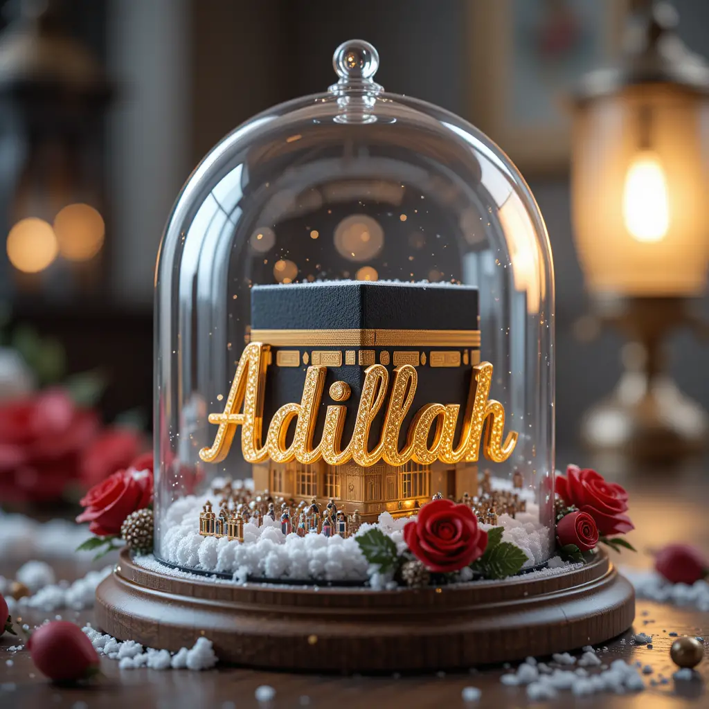 Miniature grand mosque under glass dome with glowing text