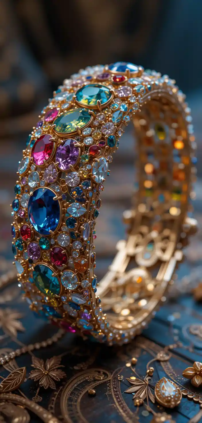 Close up bracelet with colorful gemstones on table