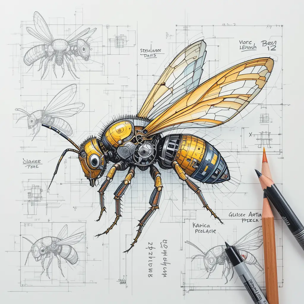 Mechanical bee with technical drawing sketches on paper