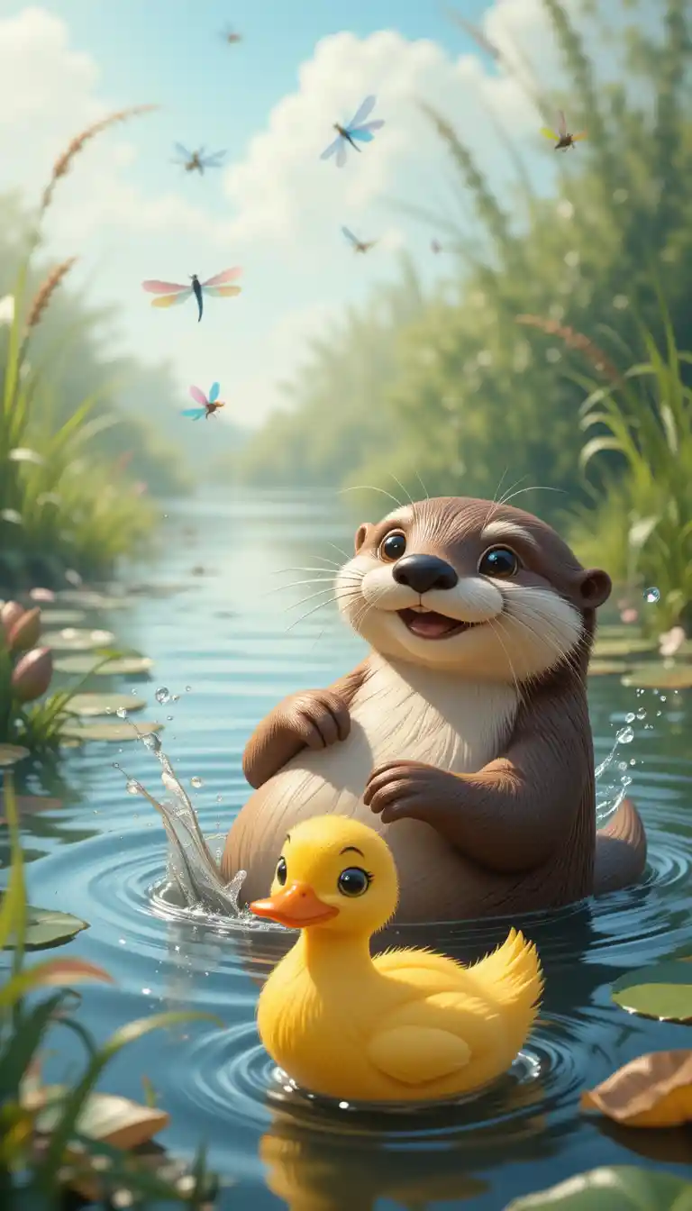 Playful cartoon otter and duck in a sunny pond
