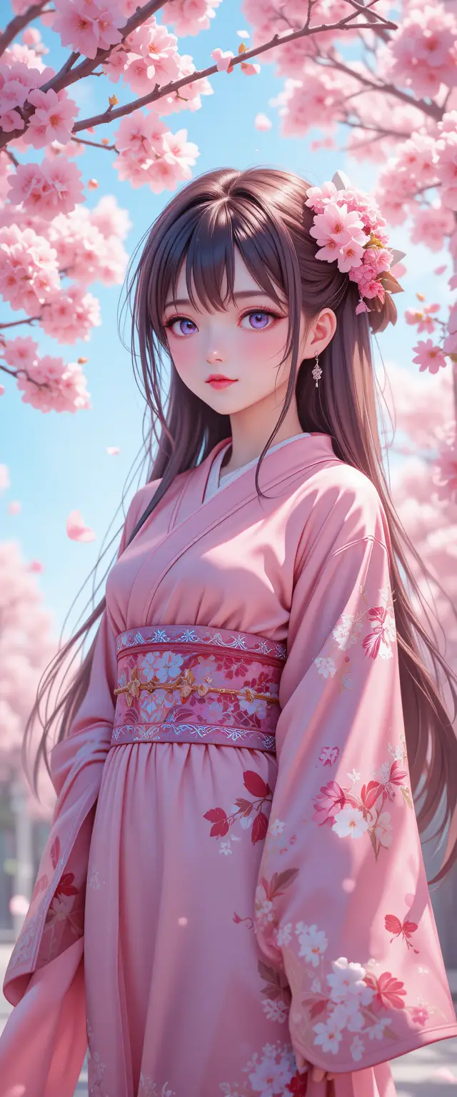 Anime woman under cherry blossom tree in pink kimono