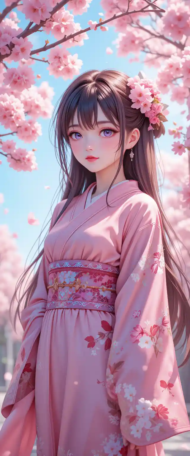 Donna anime in kimono rosa sotto un albero di ciliegio in fiore