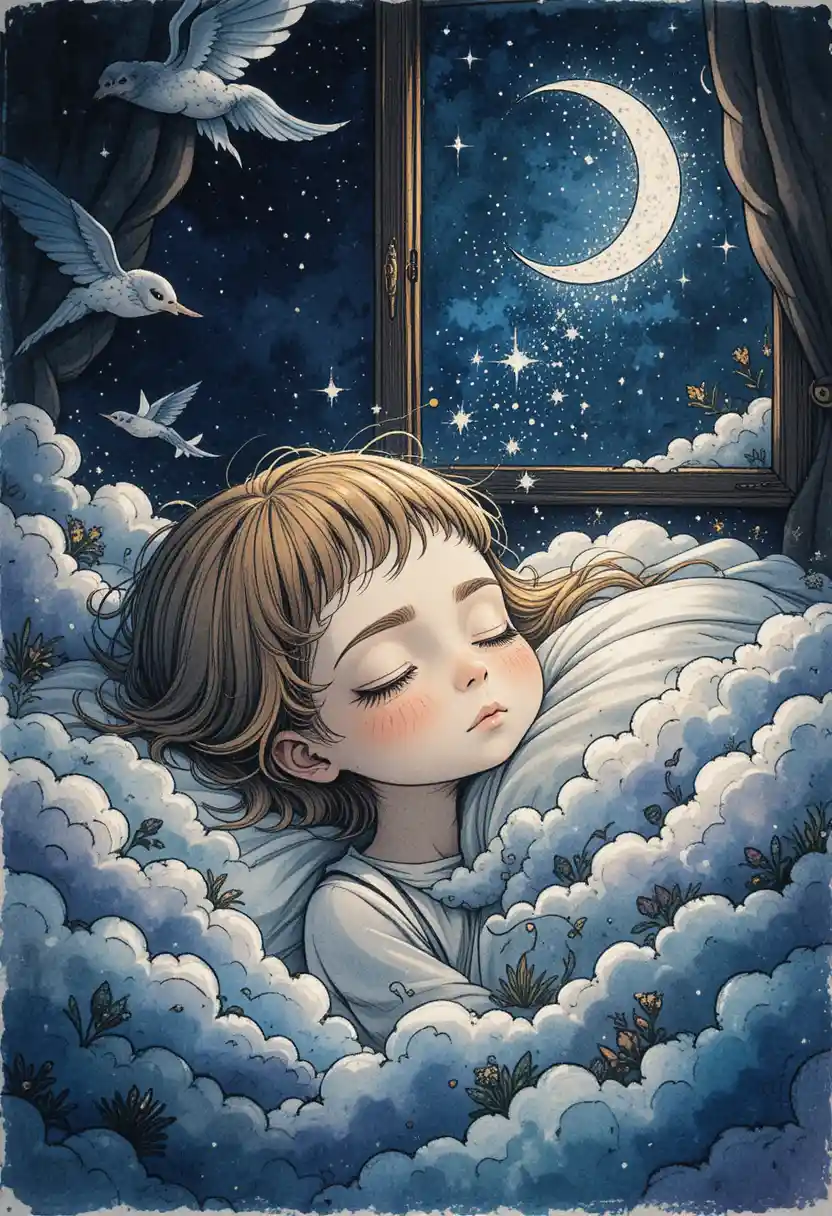 Mystical sandman sprinkling dream dust over sleeping child