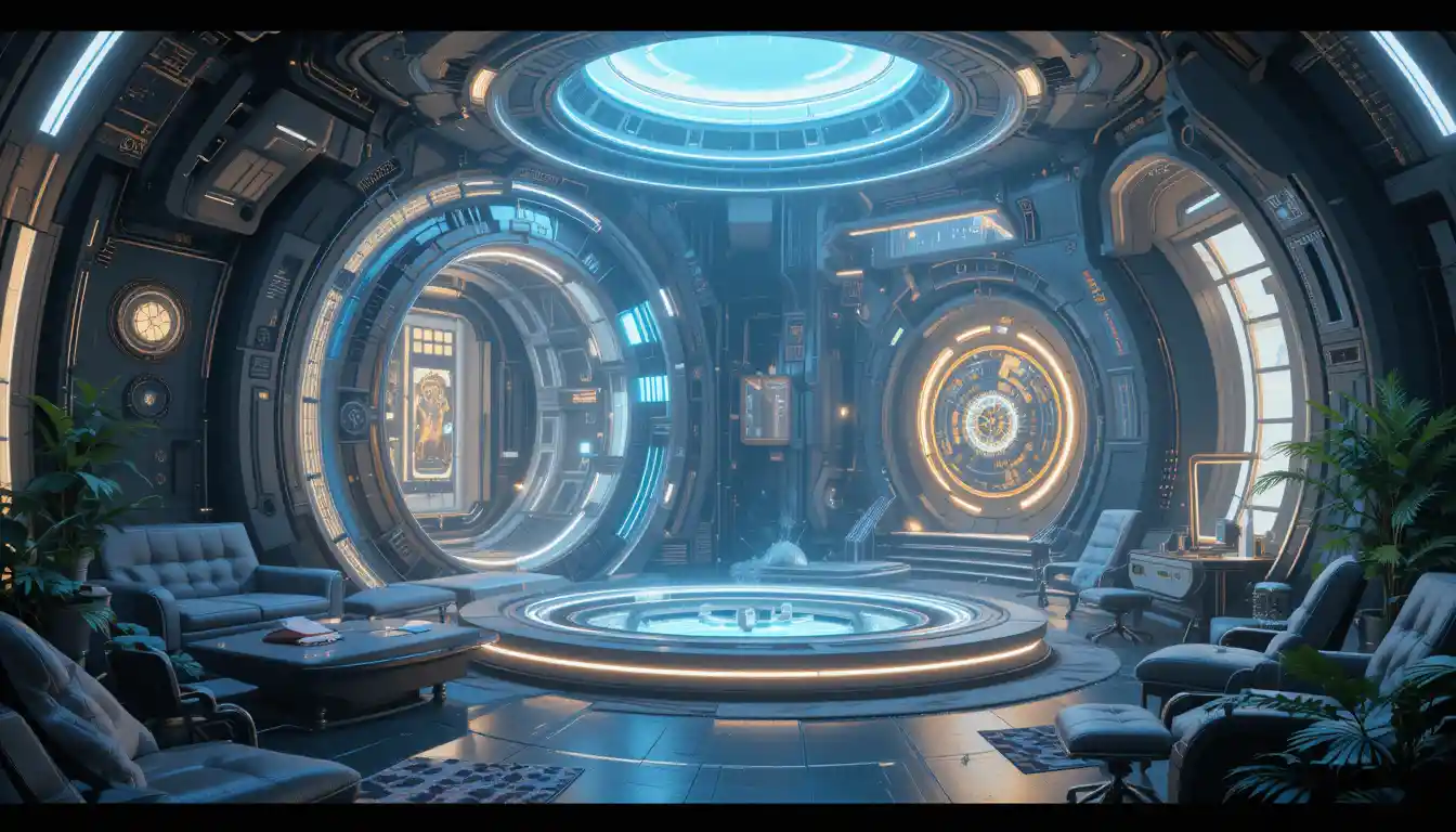 Futuristic 3D scene with immersive volumetric lighting