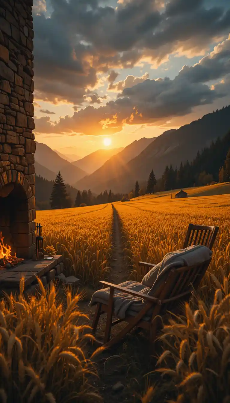 Golden wheat field at sunset with dramatic sunlight