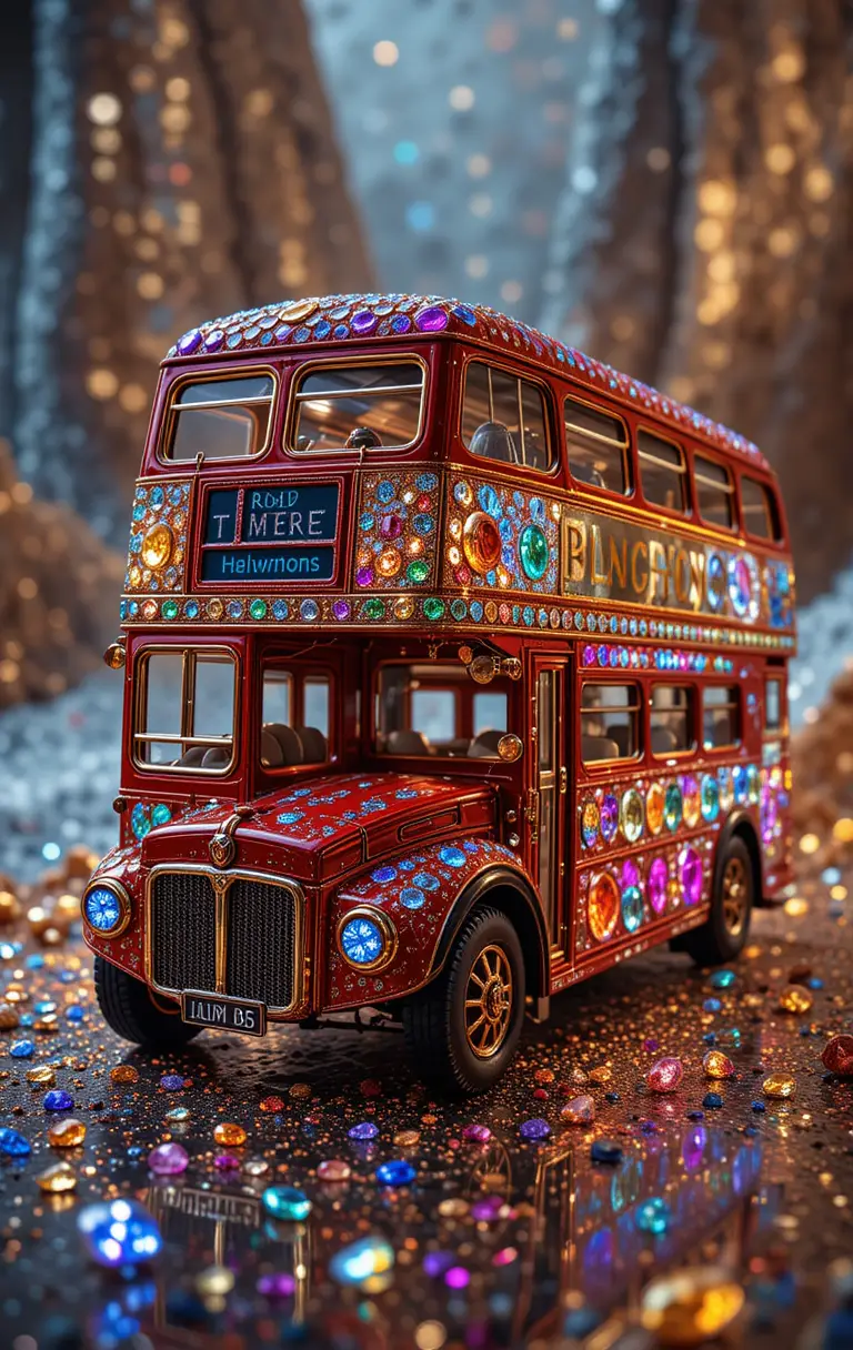 Gem encrusted red bus with glowing diamonds illustration