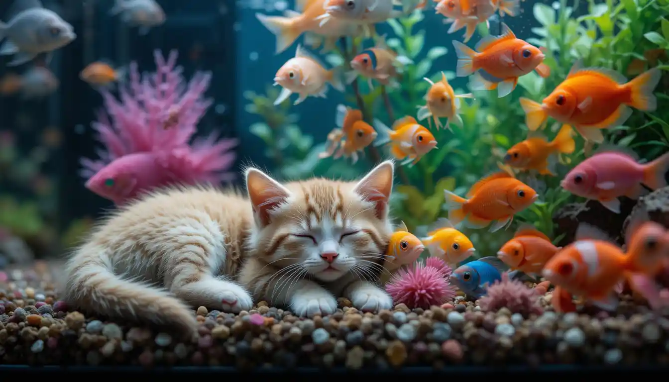 Adorable kitten sleeping beside a large colorful fish tank
