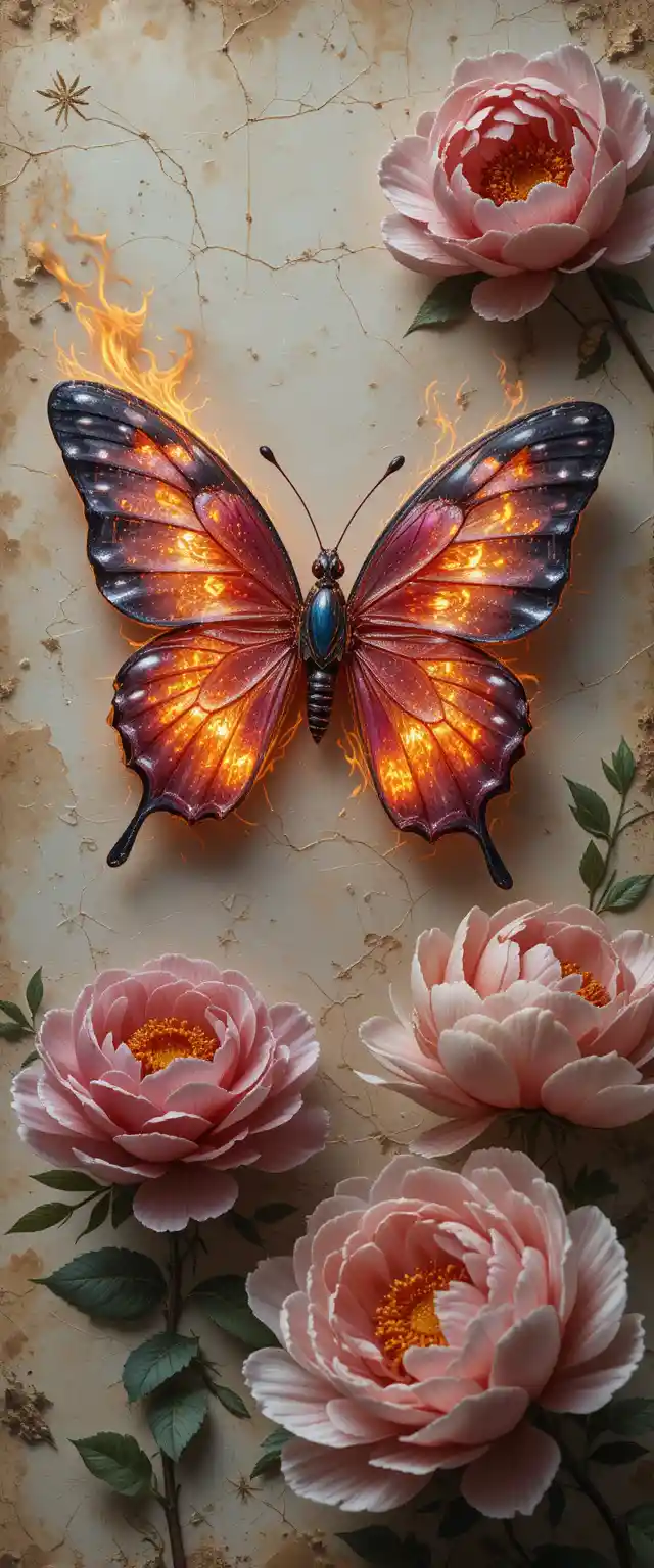Retro top view of fiery butterfly on vintage paper