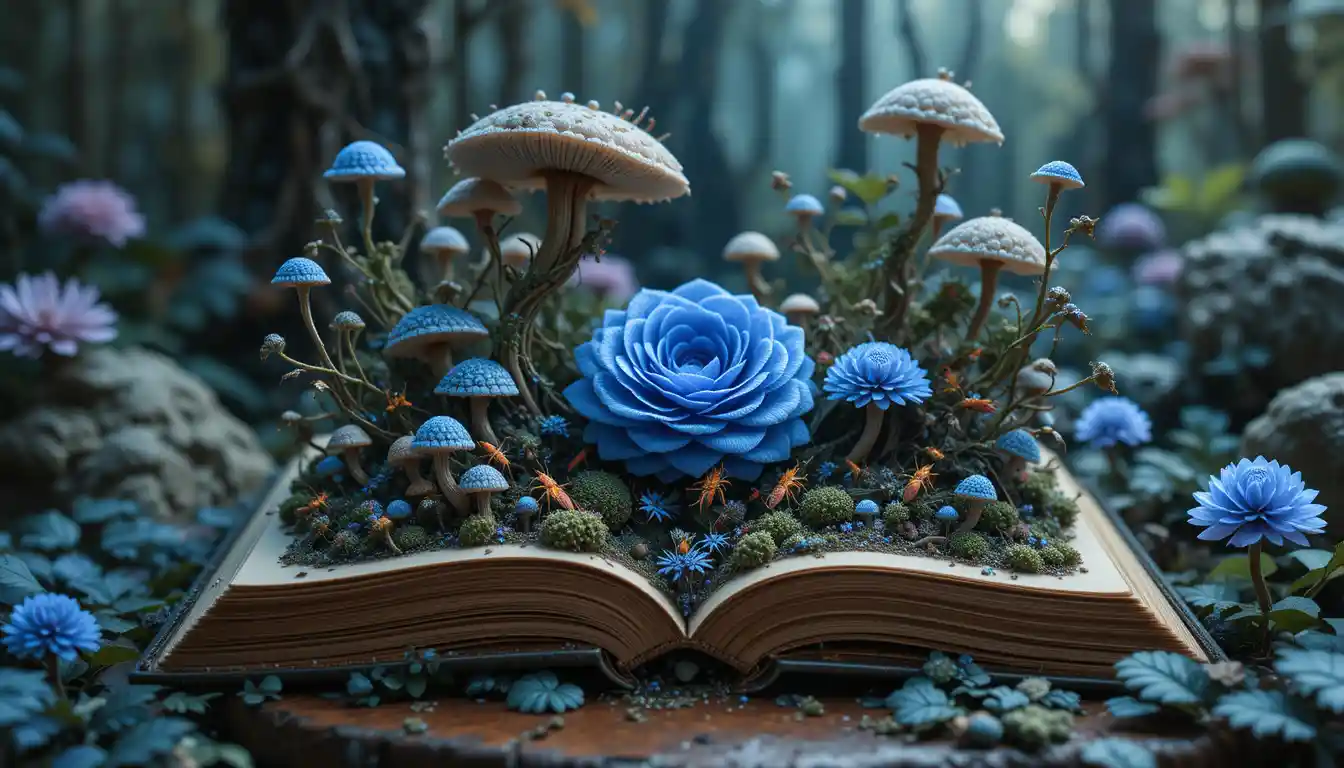 Open book on a table in a surreal fantasy scene