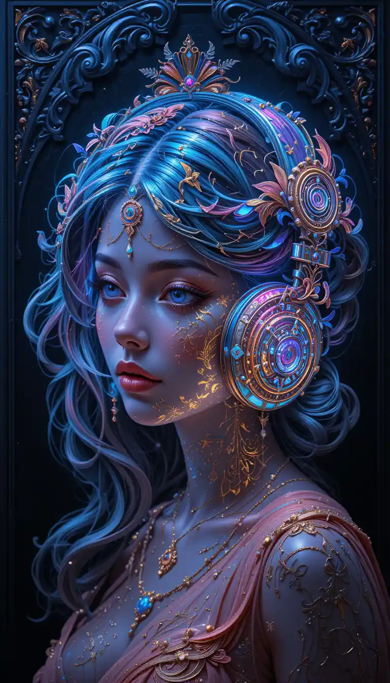 Crystal headphones in luminous baroque blacklight painting