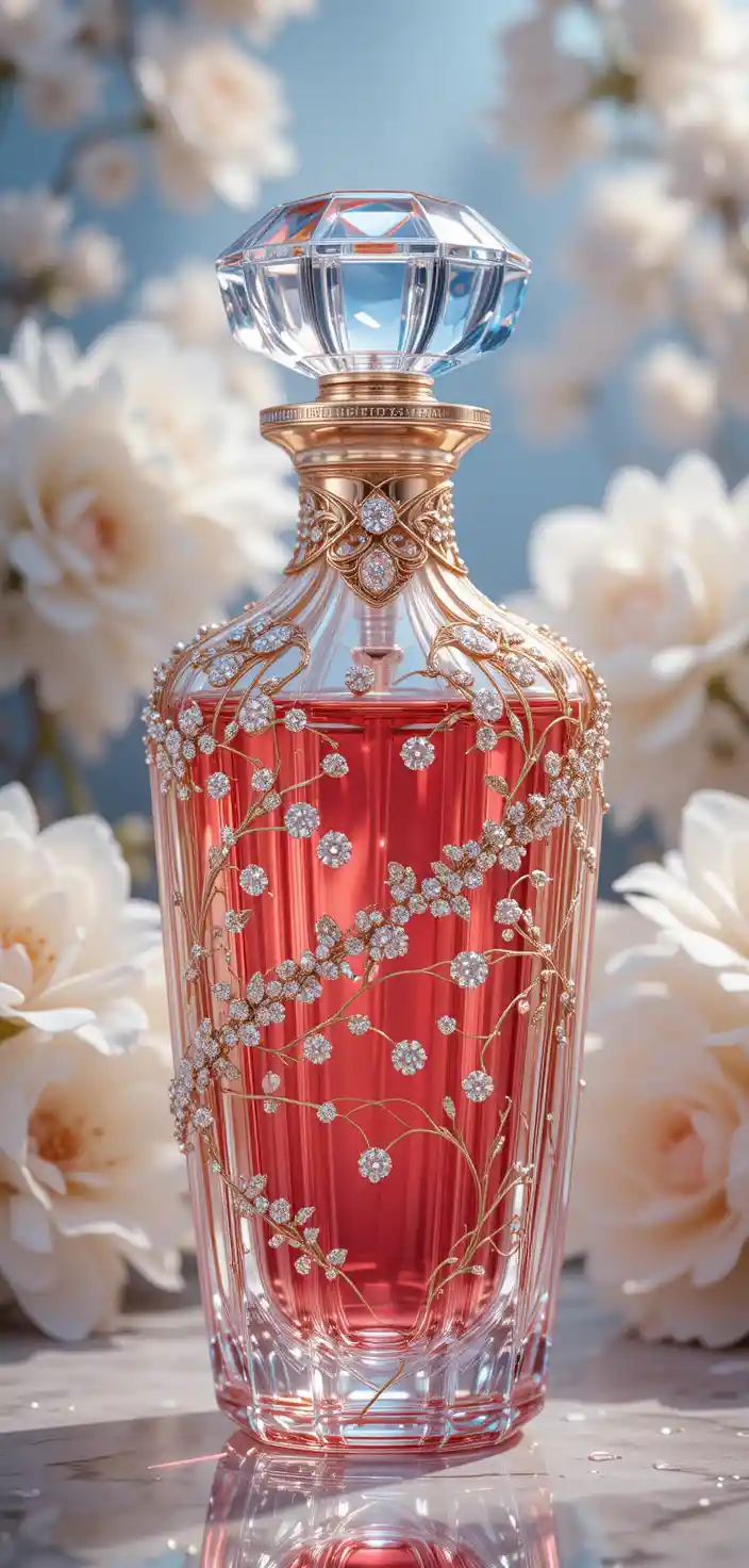 Luxurious Crystal Perfume Bottle With Gold And Gem Details