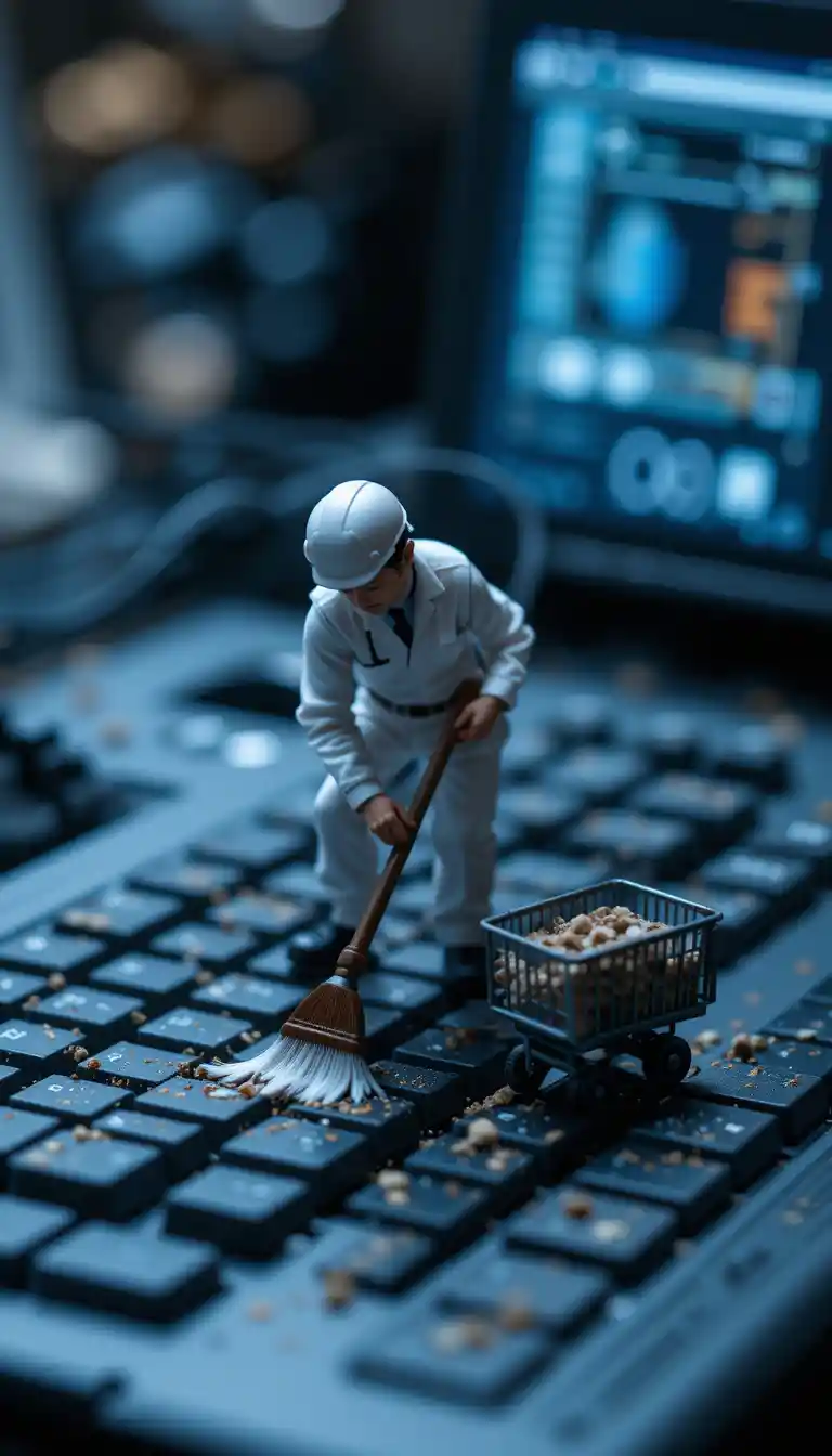 Tiny night worker cleaning debris from a computer keyboard