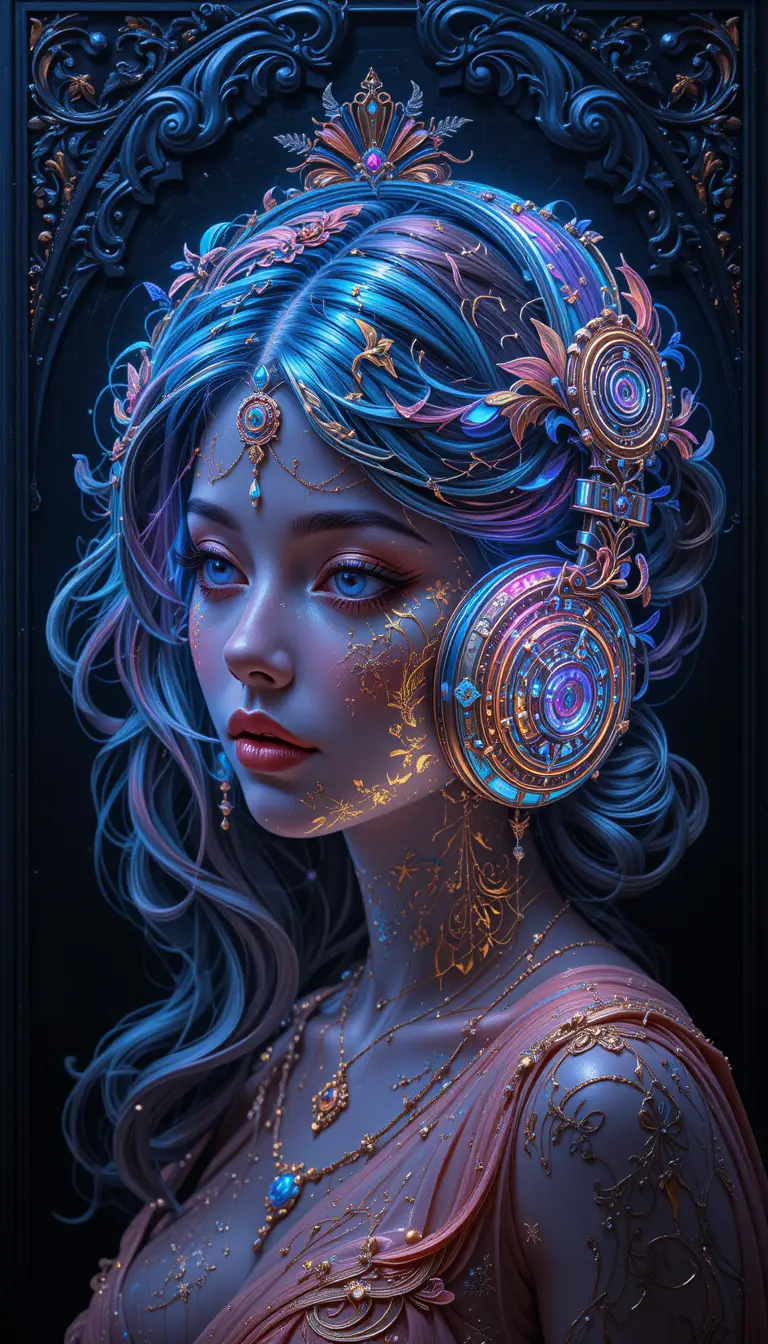 Crystal headphones in luminous baroque blacklight painting