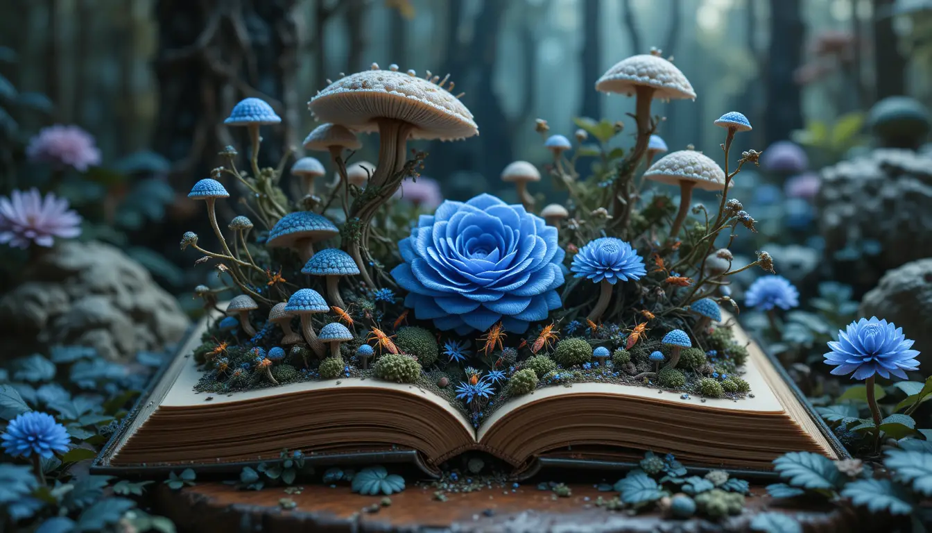 Open book on a table in a surreal fantasy scene