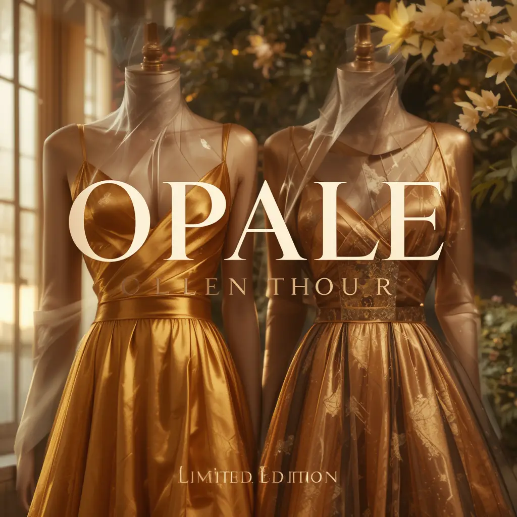 Golden silk evening dresses in a luxury fashion poster