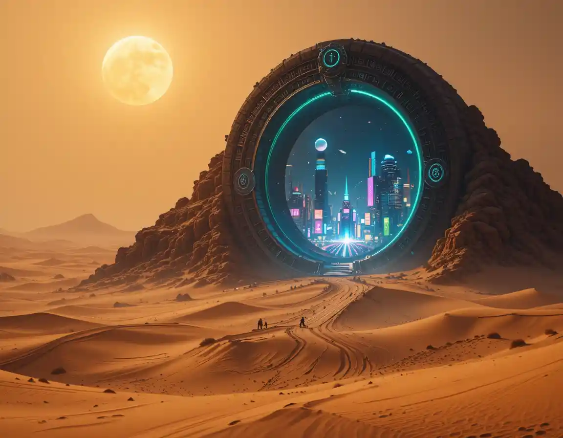 Ancient desert portal opening to neon cyberpunk city