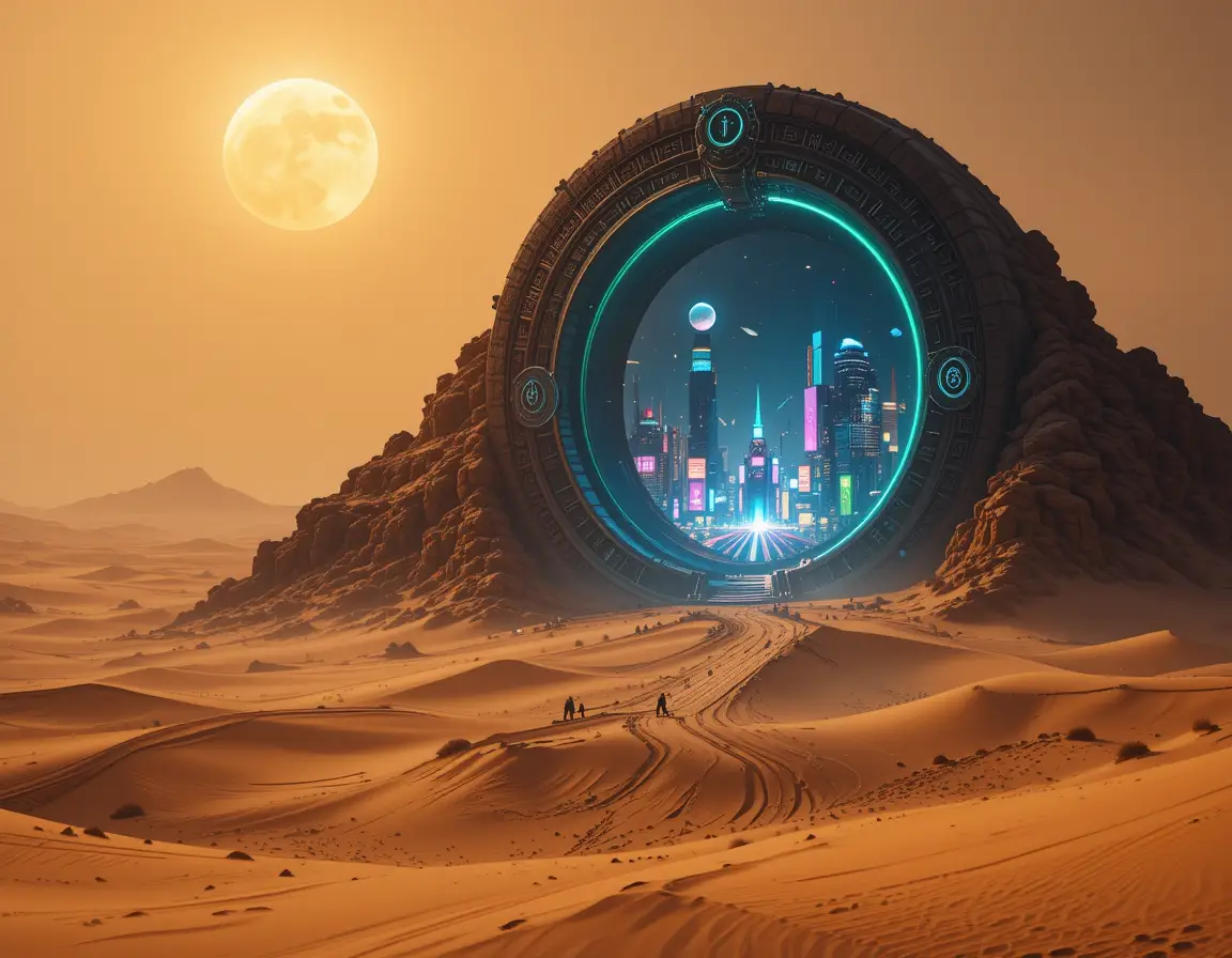 Ancient desert portal opening to neon cyberpunk city