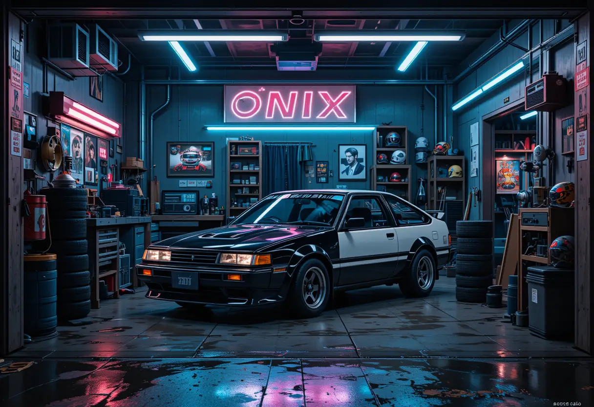 Garage anime con auto sportiva iconica e luci al neon