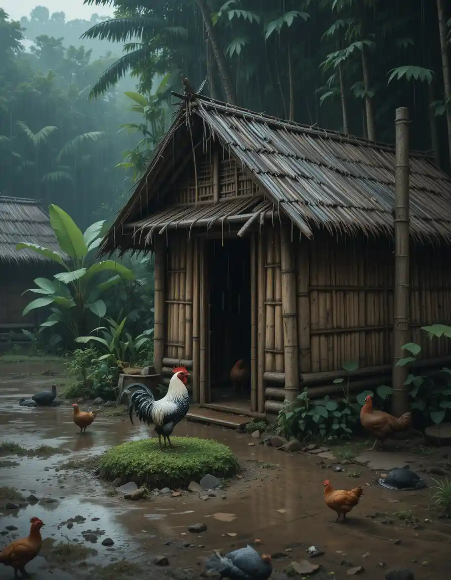 Rustic village hut and rooster in tropical rain