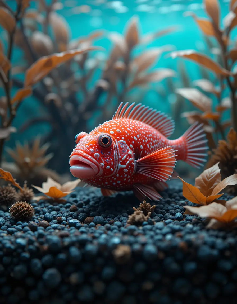 Red pufferfish resting on dark aquarium gravel