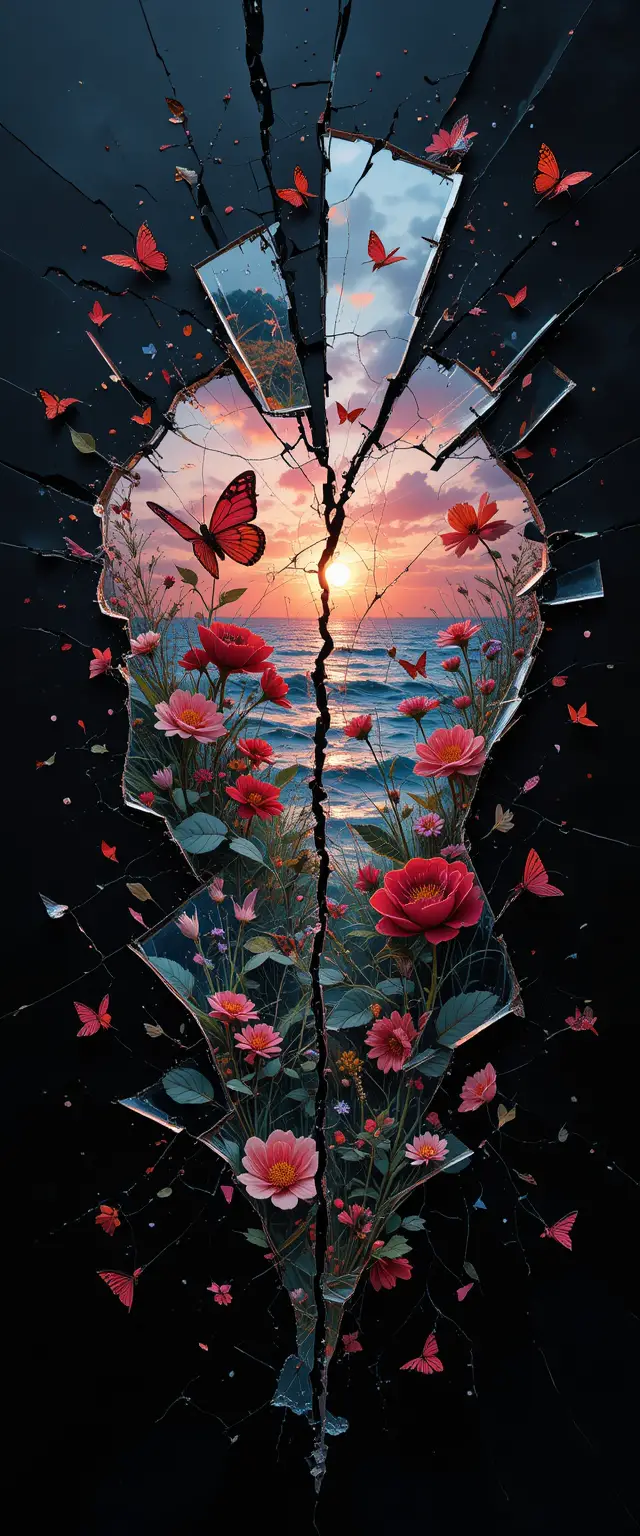 Double exposure broken mirror with hearts and nature