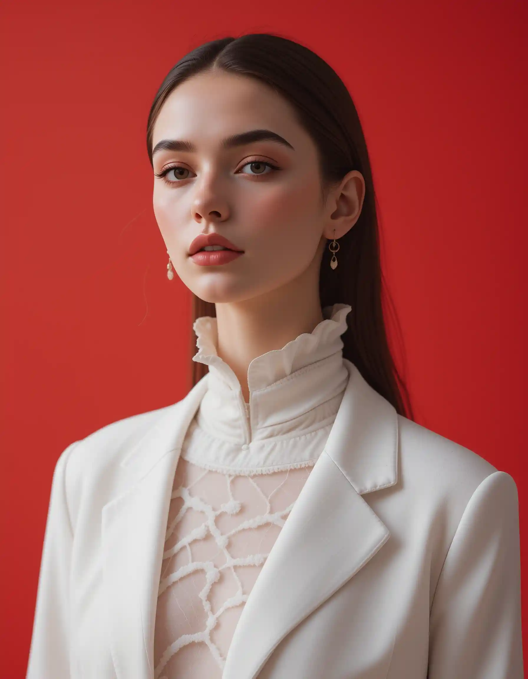 Fashion model in white against vivid red background