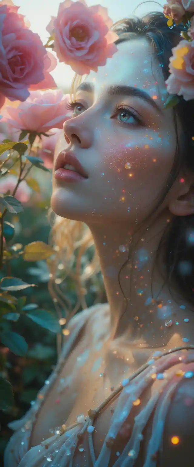 Young woman awakening in a dreamy dawn rose garden