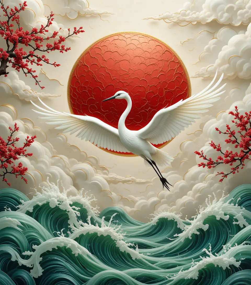 White crane soaring gracefully above stylized ocean waves