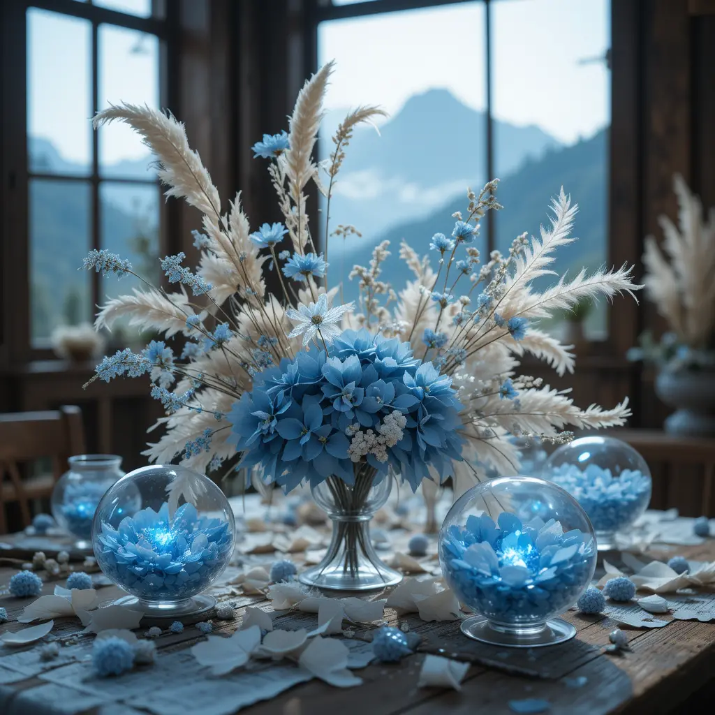 Ethereal blue and white floral arrangement on rustic table