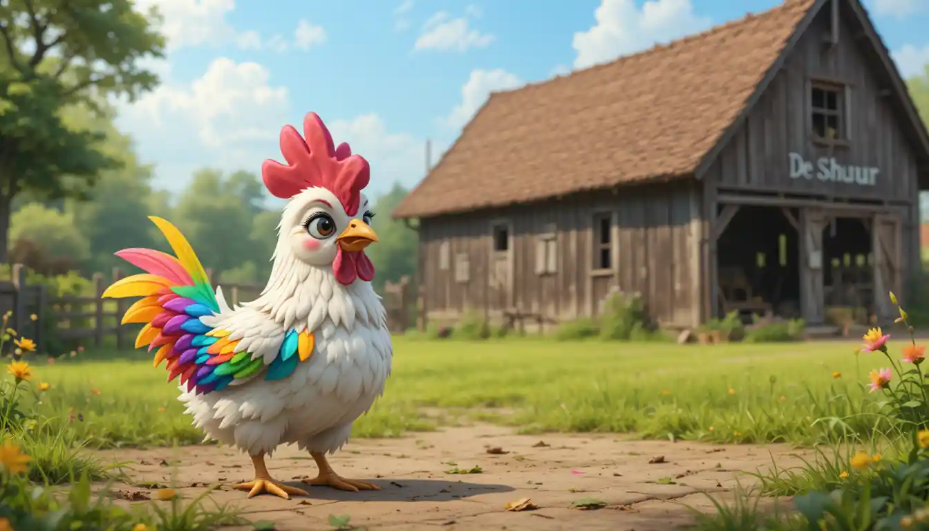 Cute rainbow chicken with drag queen by old farm barn