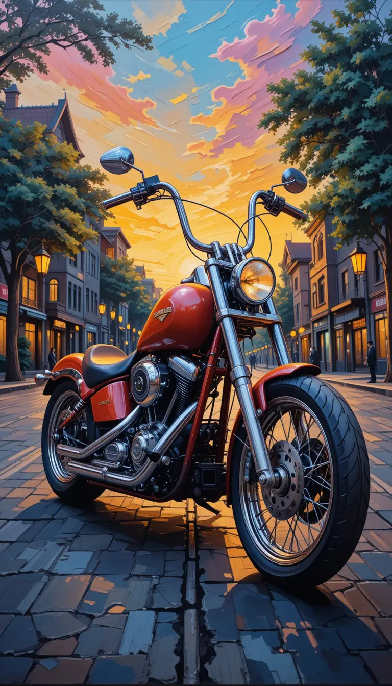 Retro chopper motorcycle oil painting in city at sunset