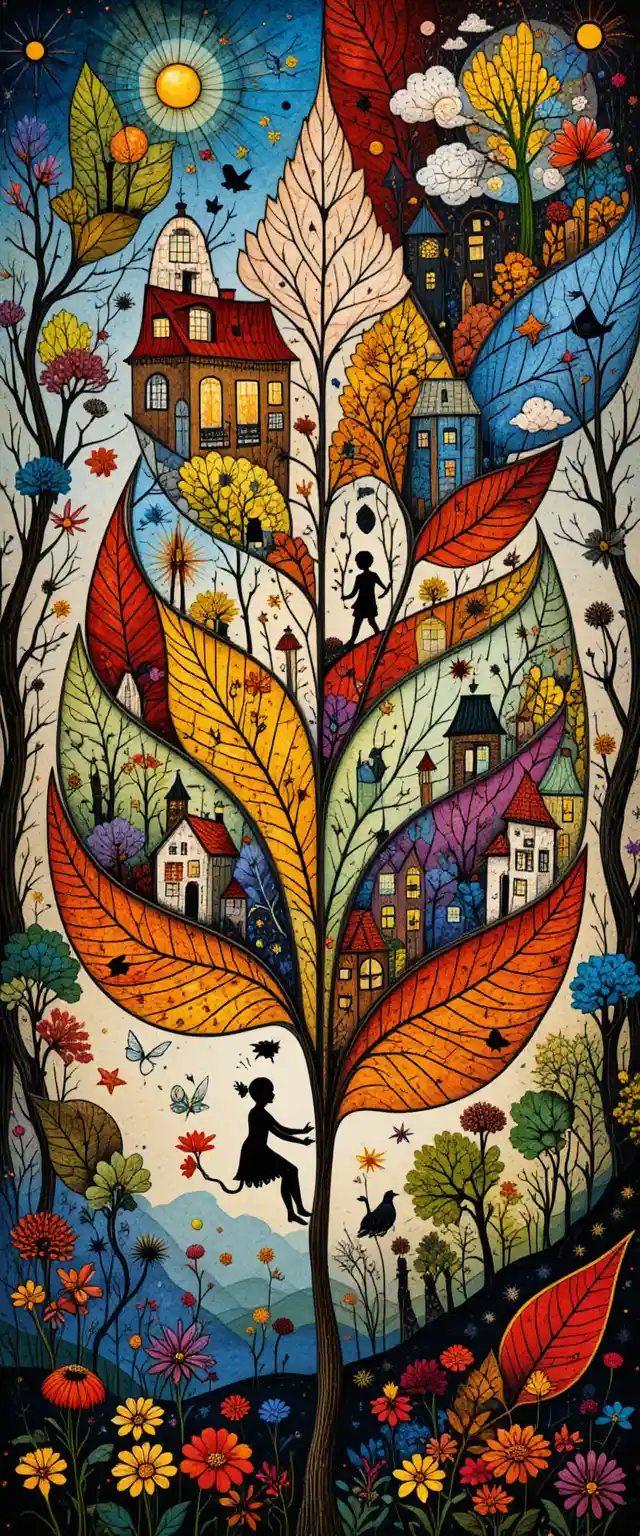 Naive art microworld of playful fairies in tiny leaves